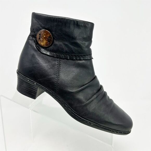 Rieker Kendra Women's Black Leather Ankle Boots Size 36 (US 5.5) Button Detail - Picture 1 of 11